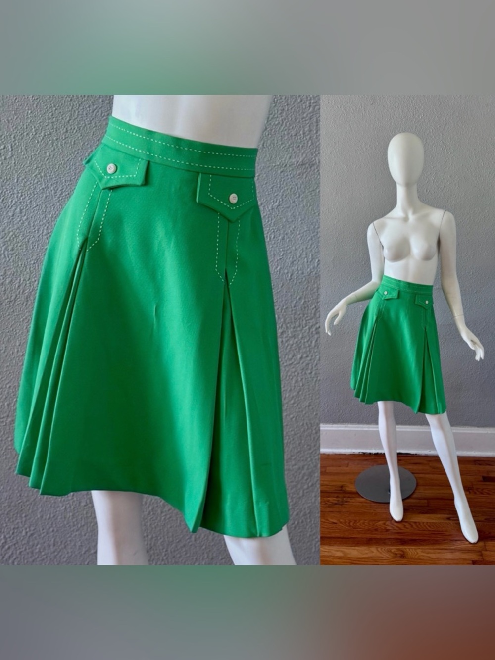 Vintage 70s Green High Waist A-Line Skirt M